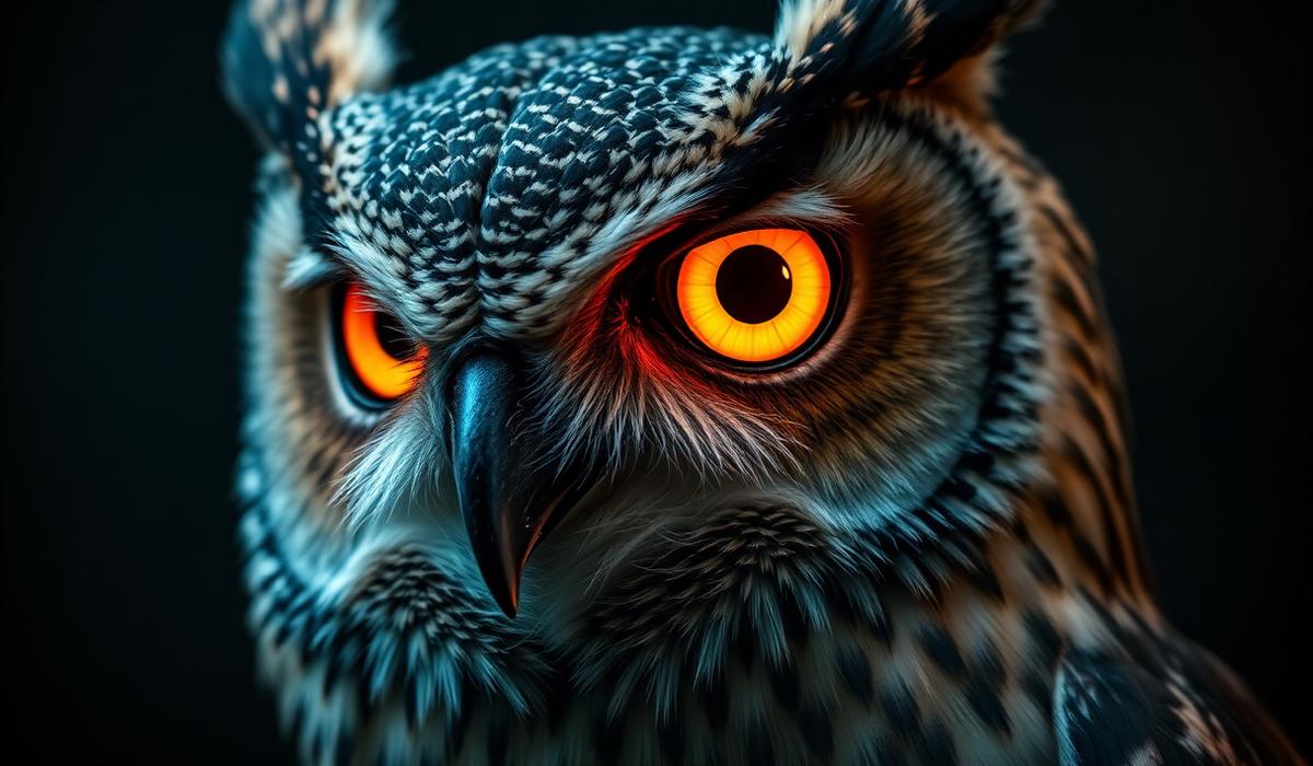 Nahaufnahme einer Eule mit leuchtend bernsteinfarbenen Augen